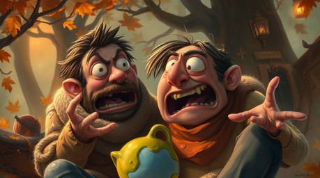 A whimsical digital painting captures a hilarious gross-out comedy scene with exaggerated facial expressions, set within a my