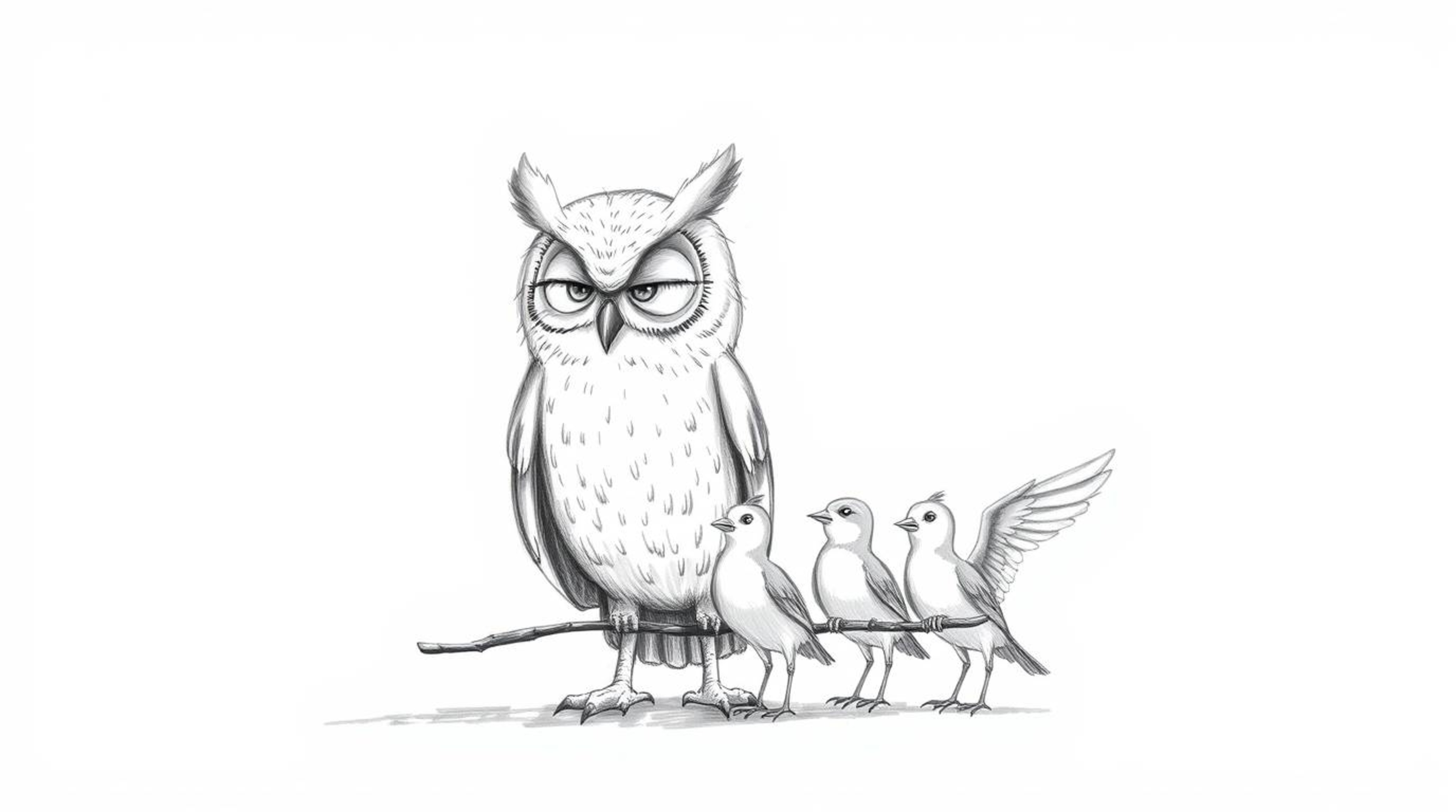 A Pixar-style hand-drawn sketch depicting a blind owl patiently instructing young birds in flight. The owl is rendered with t