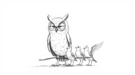 A Pixar-style hand-drawn sketch depicting a blind owl patiently instructing young birds in flight. The owl is rendered with t