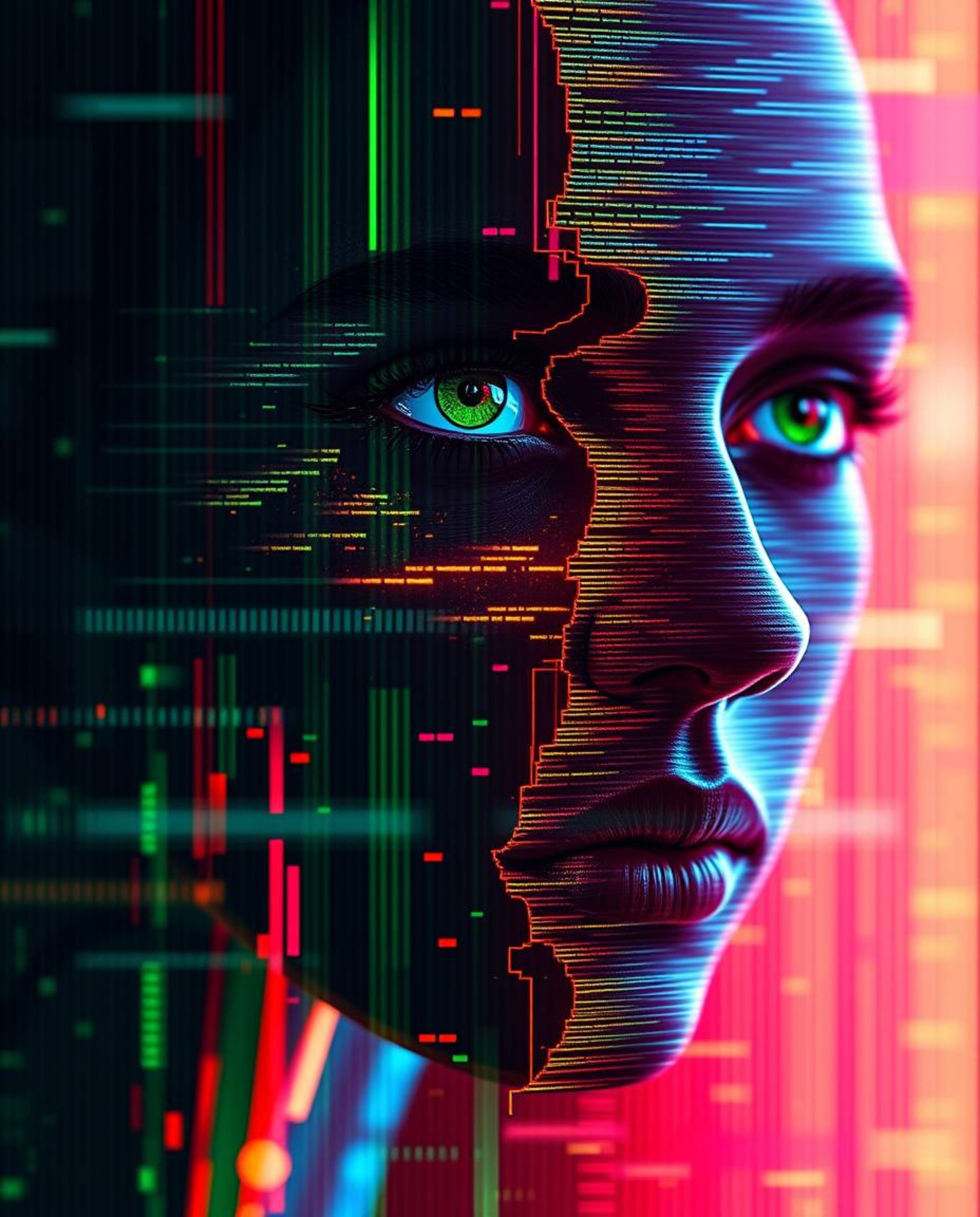 A captivating digital art piece depicts a human face morphing into a mesmerizing data stream through a glitch effect.  The im