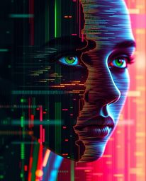 A captivating digital art piece depicts a human face morphing into a mesmerizing data stream through a glitch effect.  The im