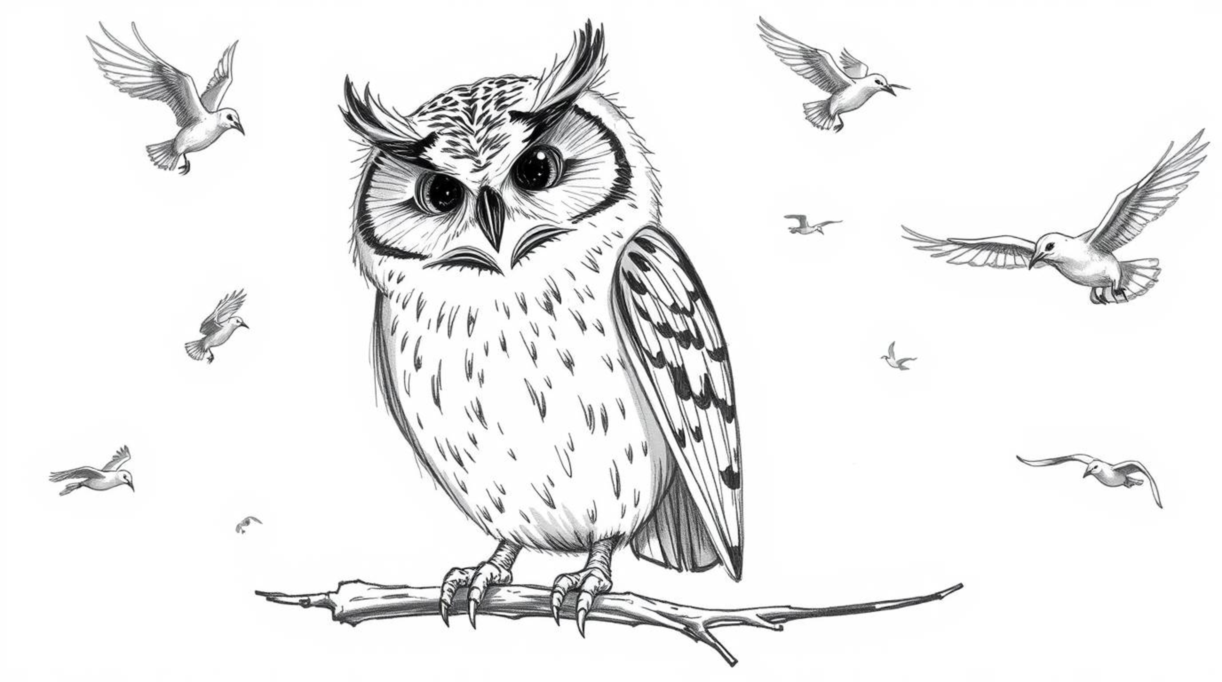 A captivating Pixar-style hand-drawn sketch depicts a blind owl, its feathers meticulously detailed, amidst a flurry of birds