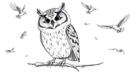 A captivating Pixar-style hand-drawn sketch depicts a blind owl, its feathers meticulously detailed, amidst a flurry of birds