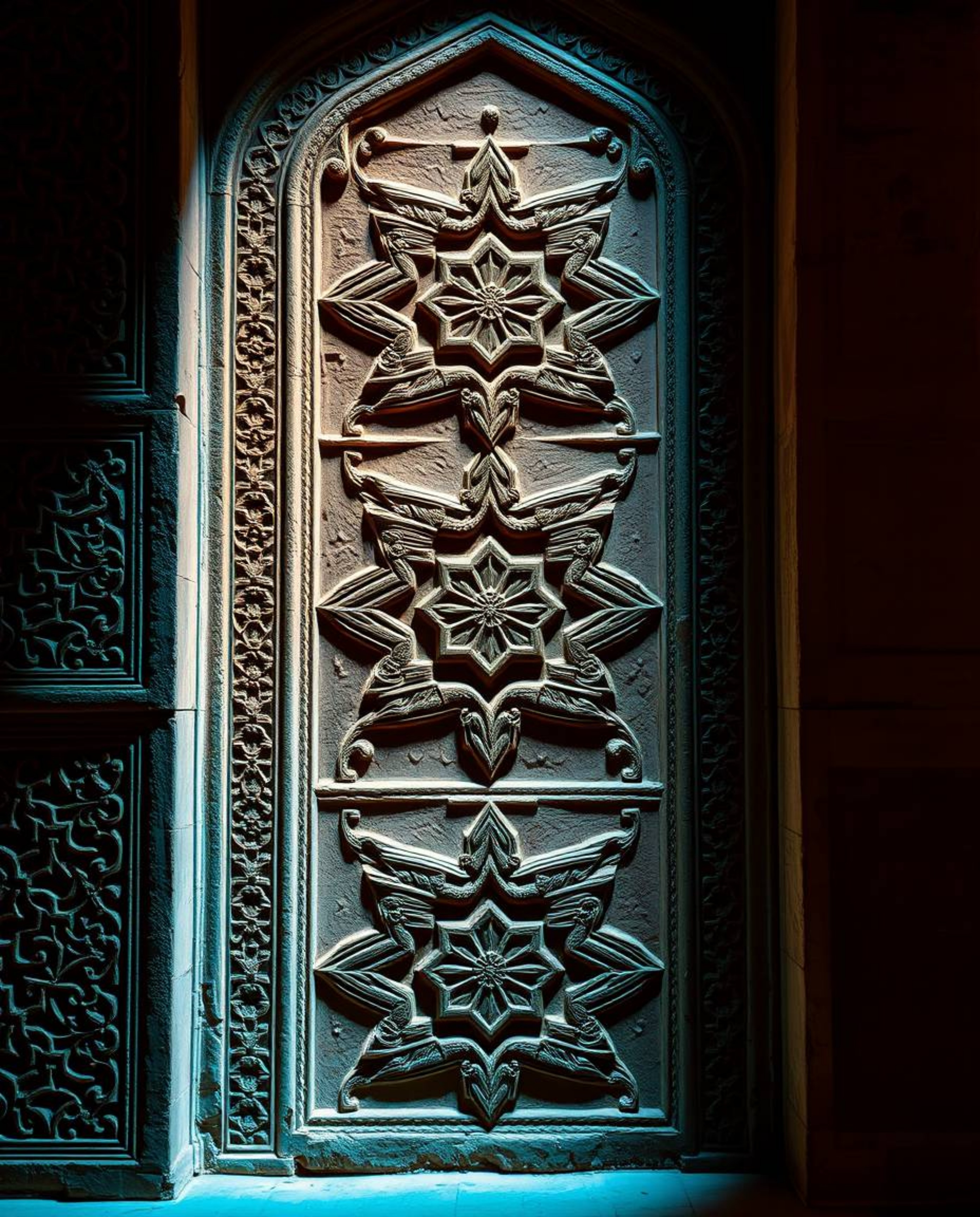 This photograph captures the beauty of Islamic geometric patterns carved in stone, illuminated by contrasting warm terracotta