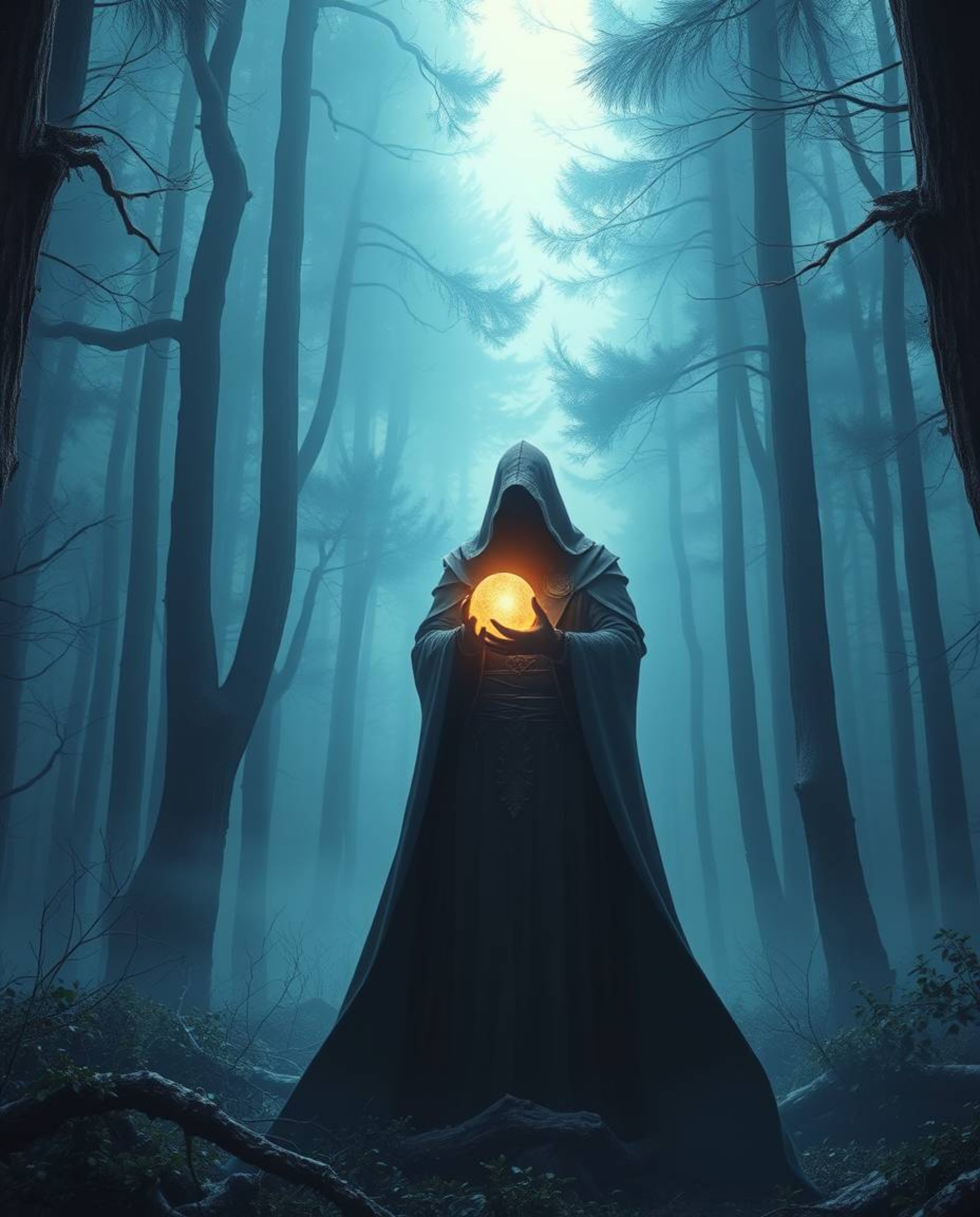 A captivating digital painting depicts a cloaked figure within a mystical misty forest, holding a radiant glowing orb.  Rende