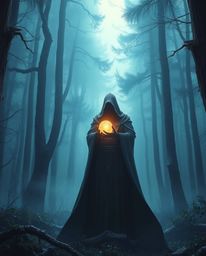 A captivating digital painting depicts a cloaked figure within a mystical misty forest, holding a radiant glowing orb.  Rende