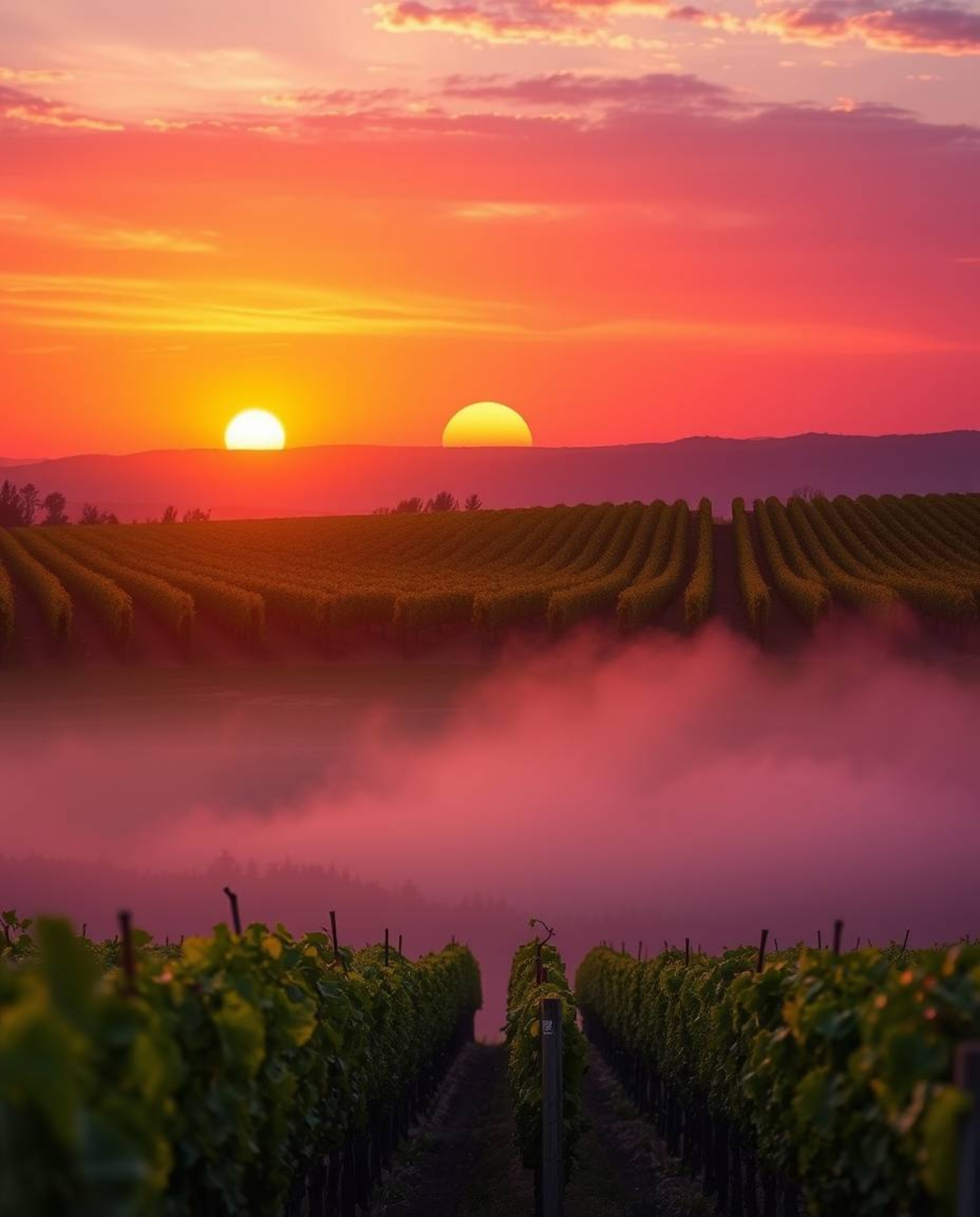 This vibrant image captures a sunset over a vineyard, characterized by a stunning use of complementary colors and perfectly b