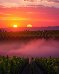This vibrant image captures a sunset over a vineyard, characterized by a stunning use of complementary colors and perfectly b