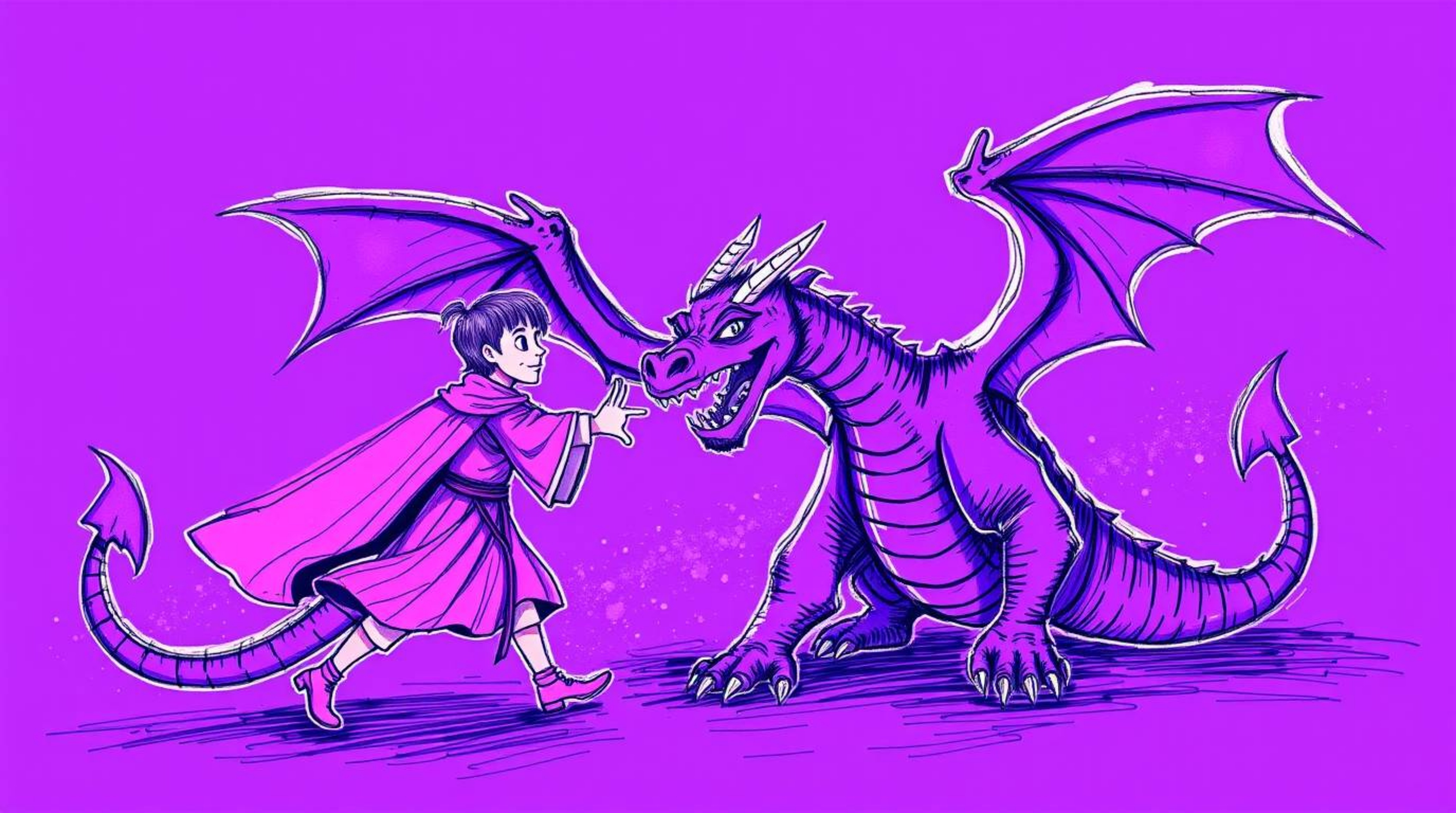 A vibrant hand-drawn sketch in deep ultraviolet hues, reminiscent of 1950s animation, portrays a charming prince battling a f