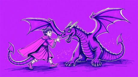 A vibrant hand-drawn sketch in deep ultraviolet hues, reminiscent of 1950s animation, portrays a charming prince battling a f