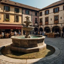 Explore a picturesque medieval town square, centered around a magnificent fountain. The square is framed by beautiful stone b