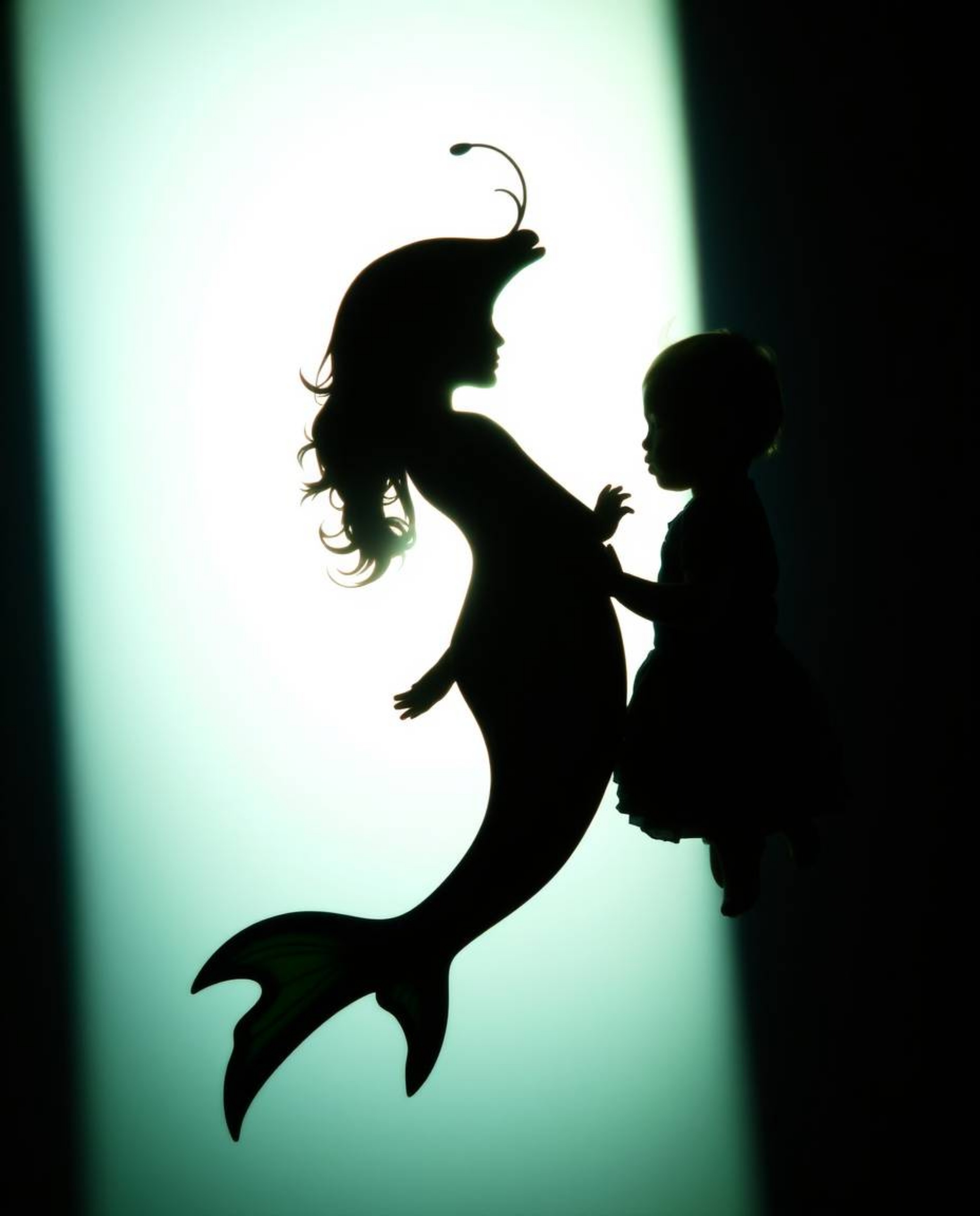 A captivating image showcasing the unique friendship between a graceful sea creature and a child.  Silhouetted against a brig