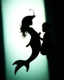A captivating image showcasing the unique friendship between a graceful sea creature and a child. Silhouetted against a brig