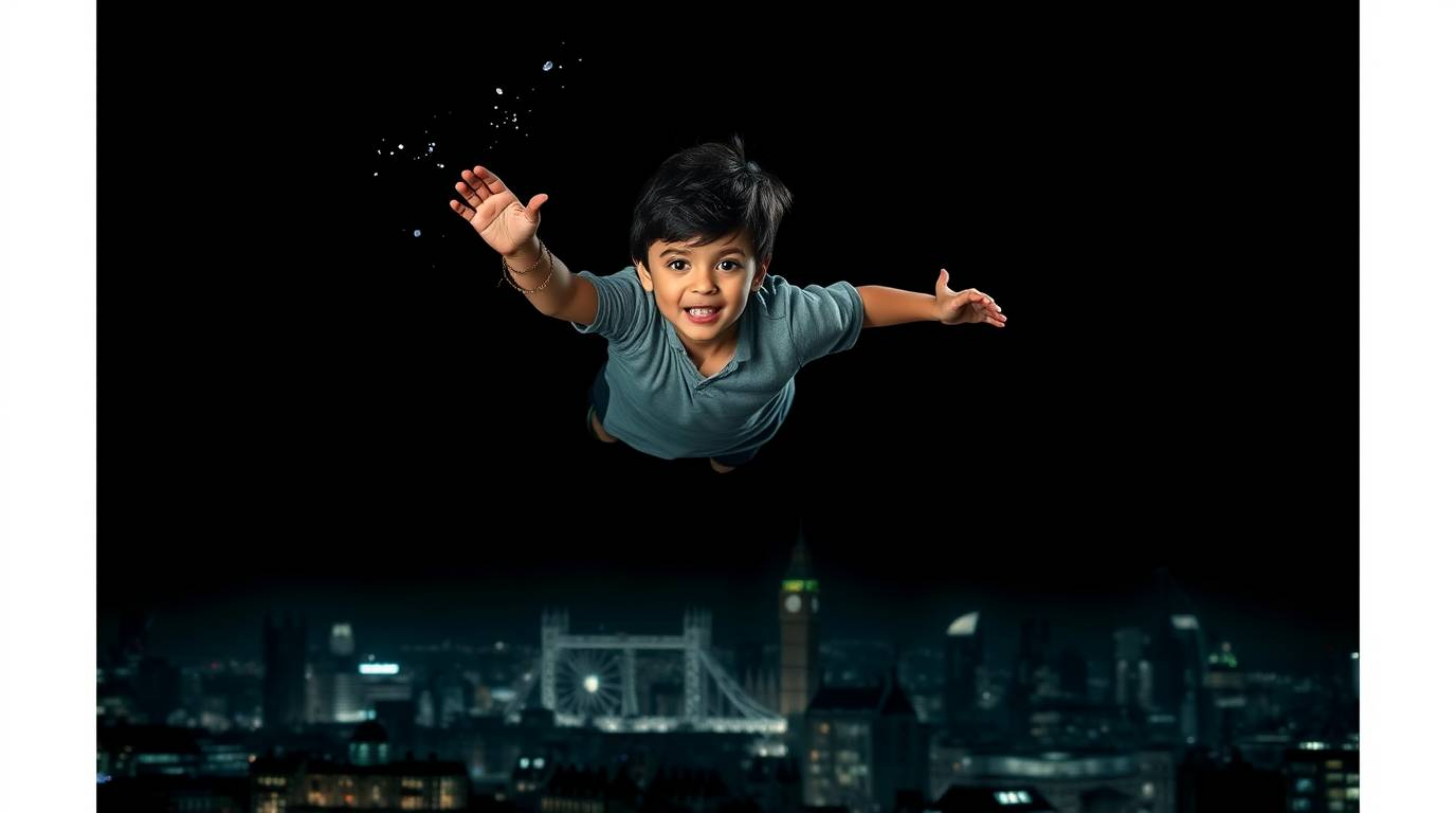 A captivating image showcasing a young boy with dark hair and skin soaring above a deeply shadowed London skyline, powered by