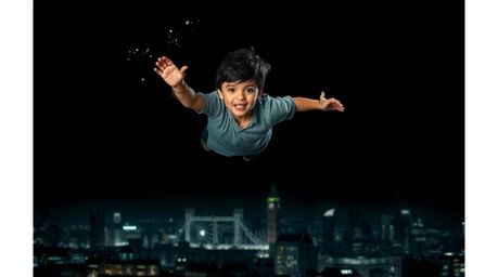 A captivating image showcasing a young boy with dark hair and skin soaring above a deeply shadowed London skyline, powered by