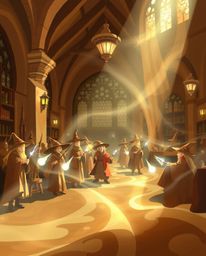 This creative light art piece transports viewers to a magical school brimming with young wizards. The artwork masterfully ble