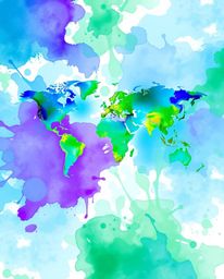 This vibrant abstract artwork features a world map rendered with cool, bright, and colorful splashes of blues, greens, and pu