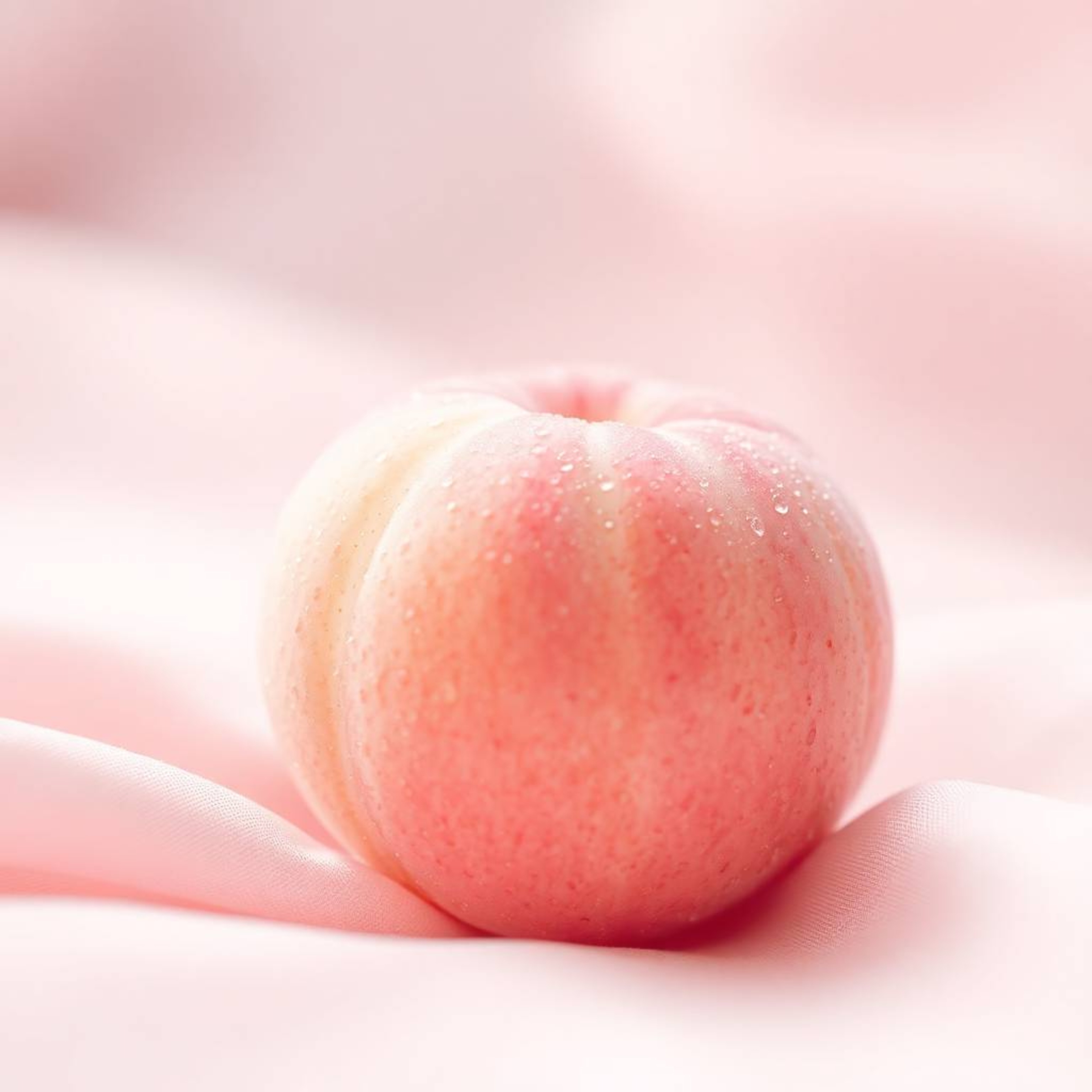 A high-resolution, close-up ASMR image showcases a soft pink peach, delicately fuzzy and adorned with glistening condensation