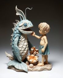 Discover a heartwarming sculpted papier-mâché artwork depicting an unlikely friendship between a sea creature and a human chi