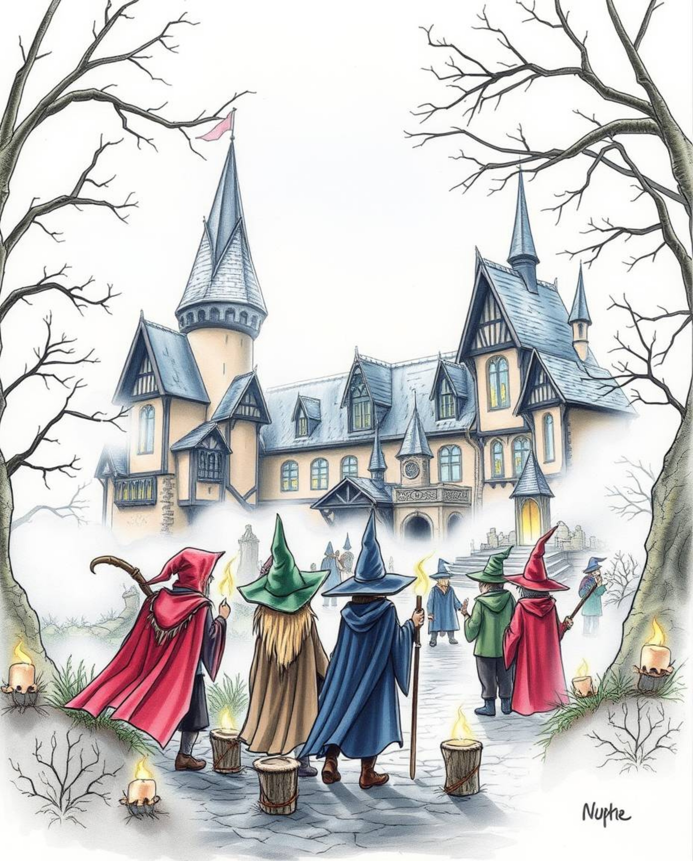 A hand-drawn color sketchnote depicting a magical school teeming with young wizards, immersed in a thick, foggy ambiance with