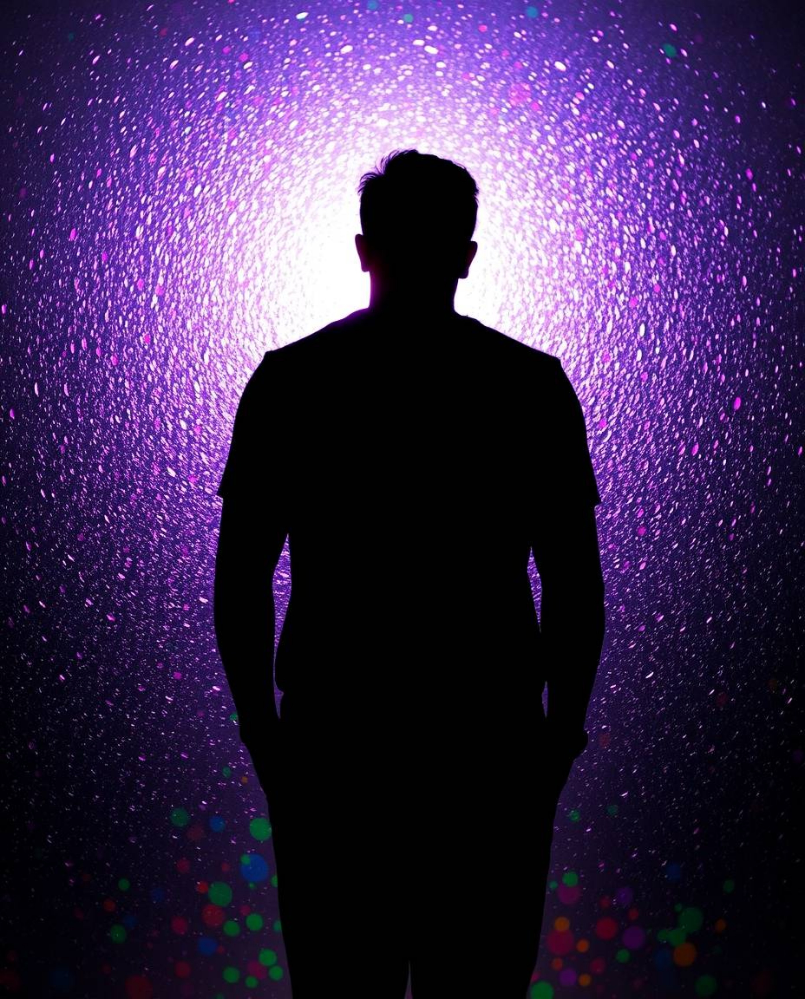 Explore a dramatic cinematic vision with silhouetted backlighting and iridescent colors splashing across a human silhouette. 