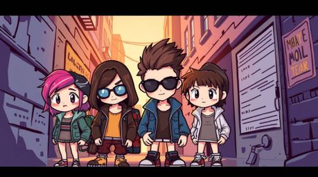 A charming illustration depicts adorable rebellious teens in a grungy city alley.  The artwork features smooth gradient trans