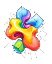 This artwork features a high-angle, hand-drawn sketch showcasing colorful 3D fluid shapes dynamically interacting with geomet