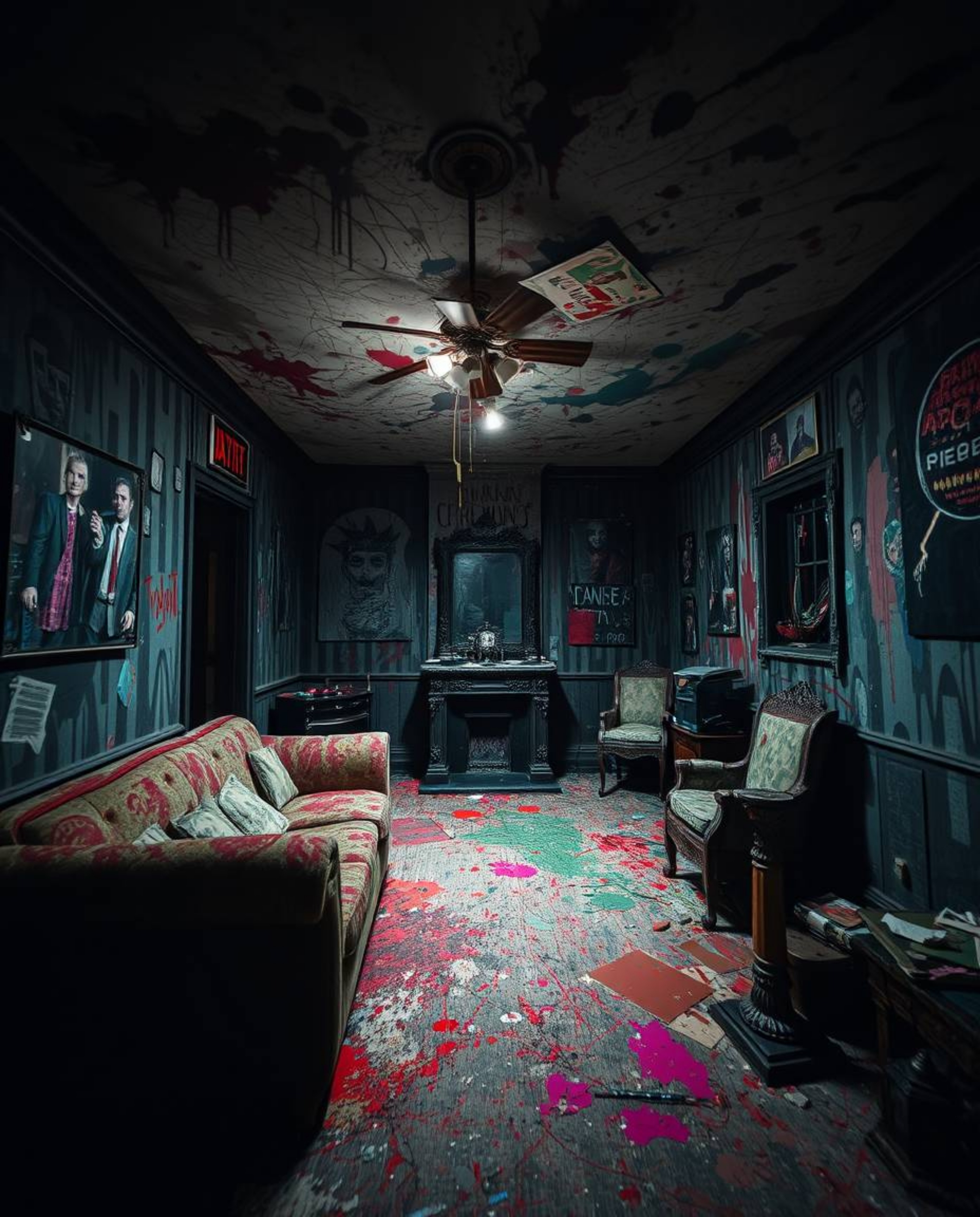 A chilling room scene bursting with vibrant paint, meticulously crafted in an eerie and unsettling atmosphere. The artwork em