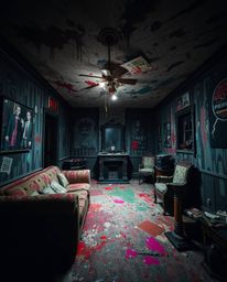 A chilling room scene bursting with vibrant paint, meticulously crafted in an eerie and unsettling atmosphere. The artwork em