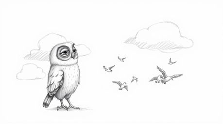 A whimsical, hand-drawn sketch in the style of Pixar portrays a touching scene: a blind owl, rendered with soft, feathery tex