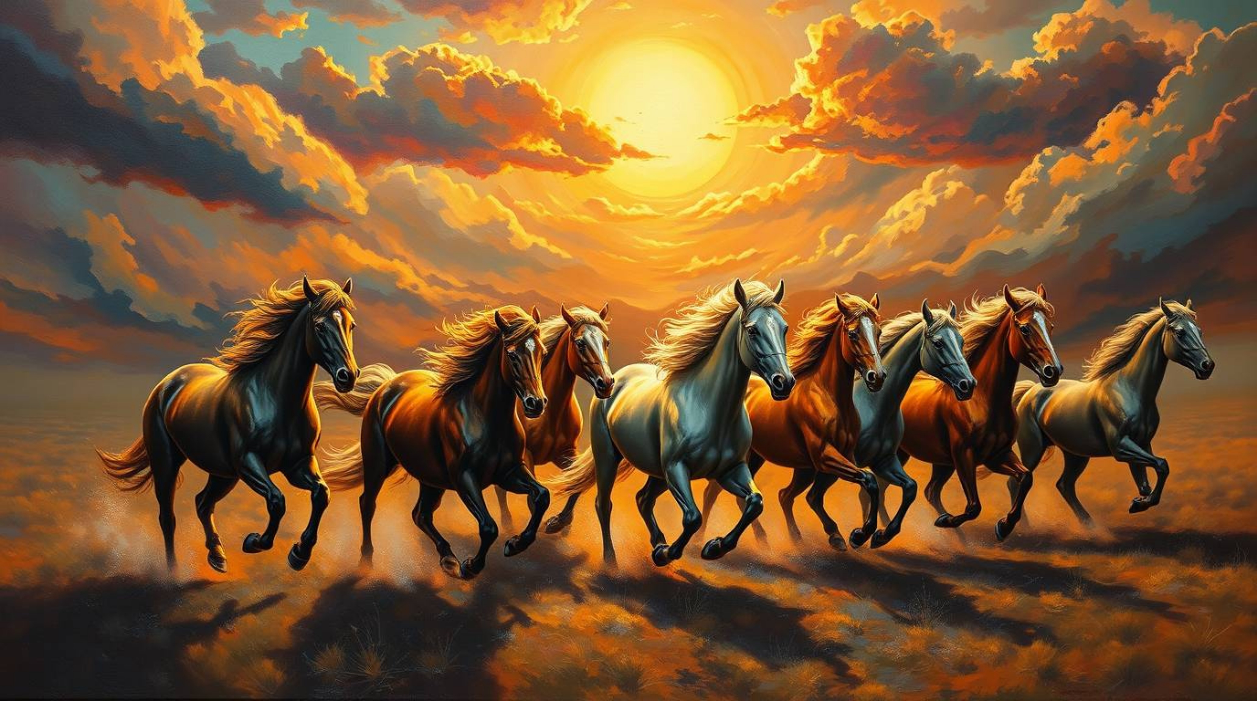 A captivating oil painting showcases a herd of wild horses thundering across the landscape beneath a breathtaking, biolumines