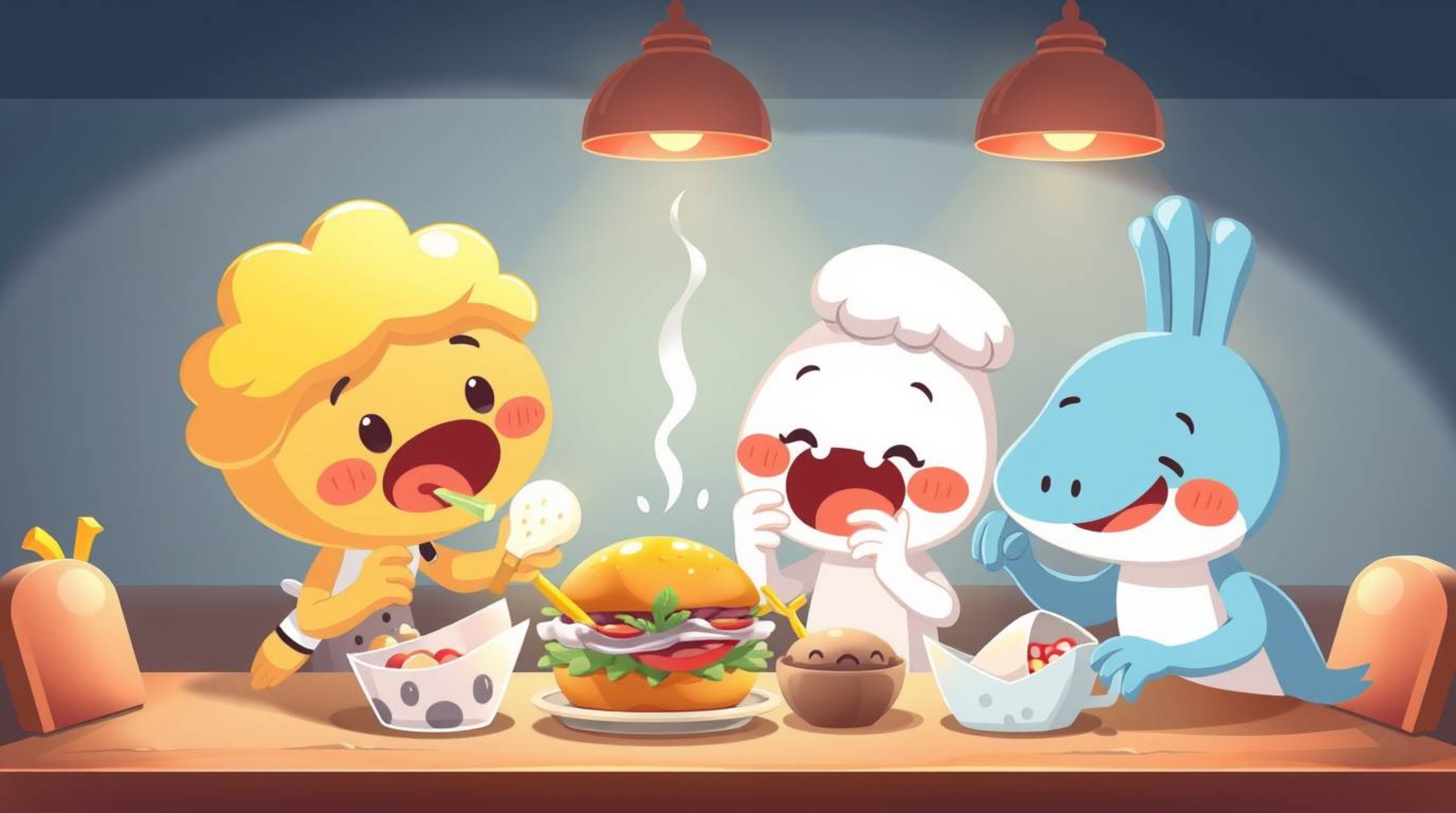 This adorable and charming illustration depicts a wild food fight erupting in a cartoon cafeteria. Rendered with soft light, 
