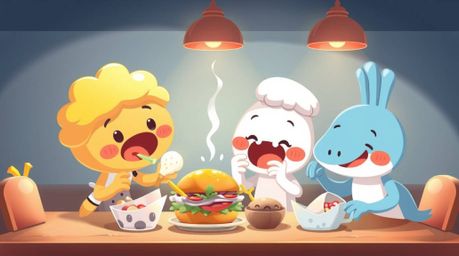 This adorable and charming illustration depicts a wild food fight erupting in a cartoon cafeteria. Rendered with soft light, 