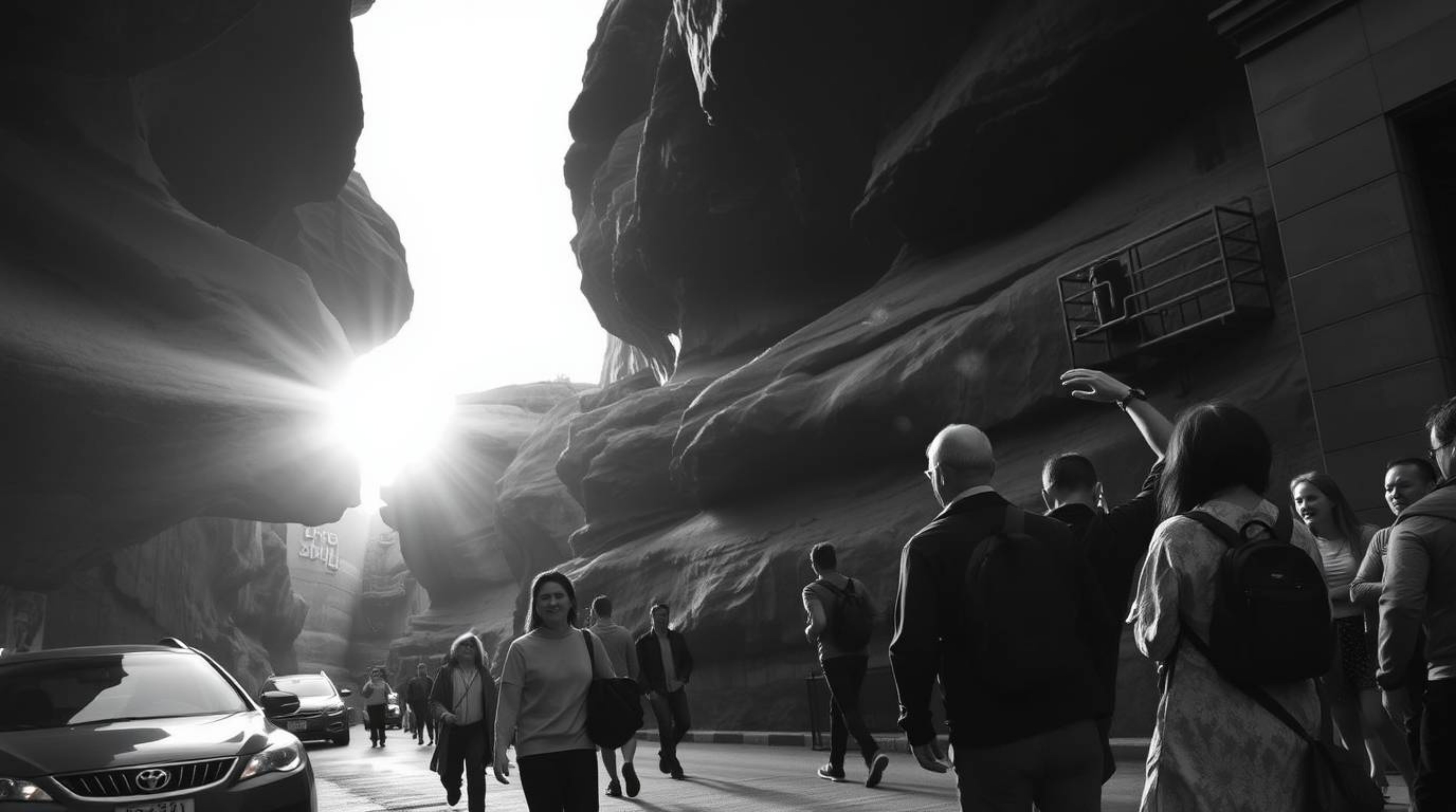 A classic black and white candid street photograph captures the essence of a rocky canyon bathed in the warm hues of a settin