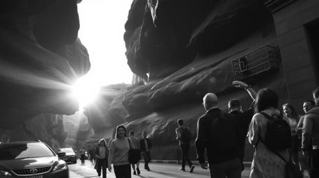 A classic black and white candid street photograph captures the essence of a rocky canyon bathed in the warm hues of a settin