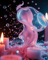 A surreal photograph captured with infrared tones, blending the warmth of candlelight with glassy, fluid 3D shapes in dynamic
