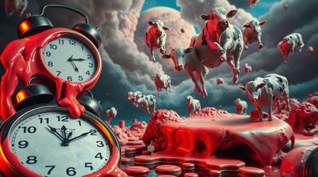 Dive into a vibrant surreal dreamscape featuring melting clocks and floating cows in extreme close-up detail.  This captivati