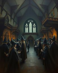Immerse yourself in a classic oil painting depicting a magical school brimming with young wizards. This moody piece features 