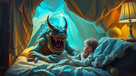 A captivating oil painting depicts an unlikely friendship between a child and a monster residing under their bed.  Rendered i