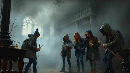 A captivating oil painting depicts a group of teenage mystery solvers navigating a haunted mansion shrouded in thick fog.  Th