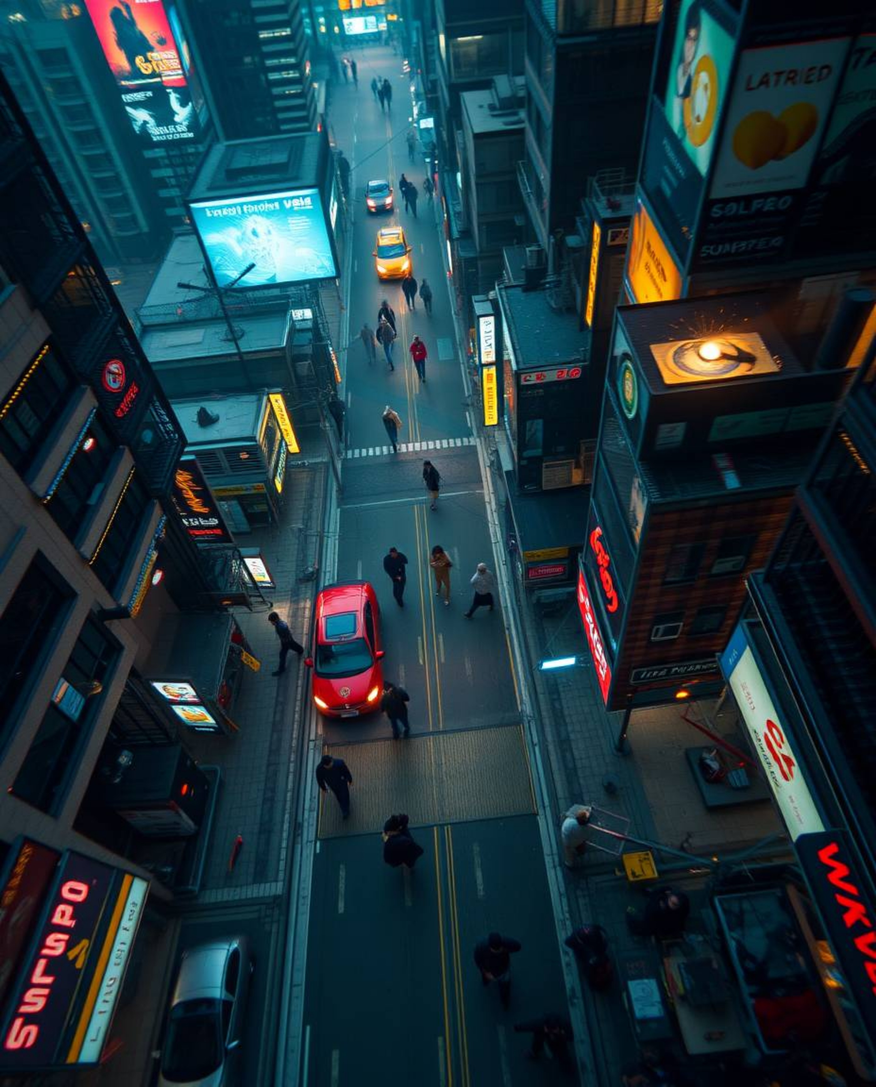 Capture spontaneous candid moments in a futuristic city with a glitch effect.  Experience overhead bird's-eye views showcasin