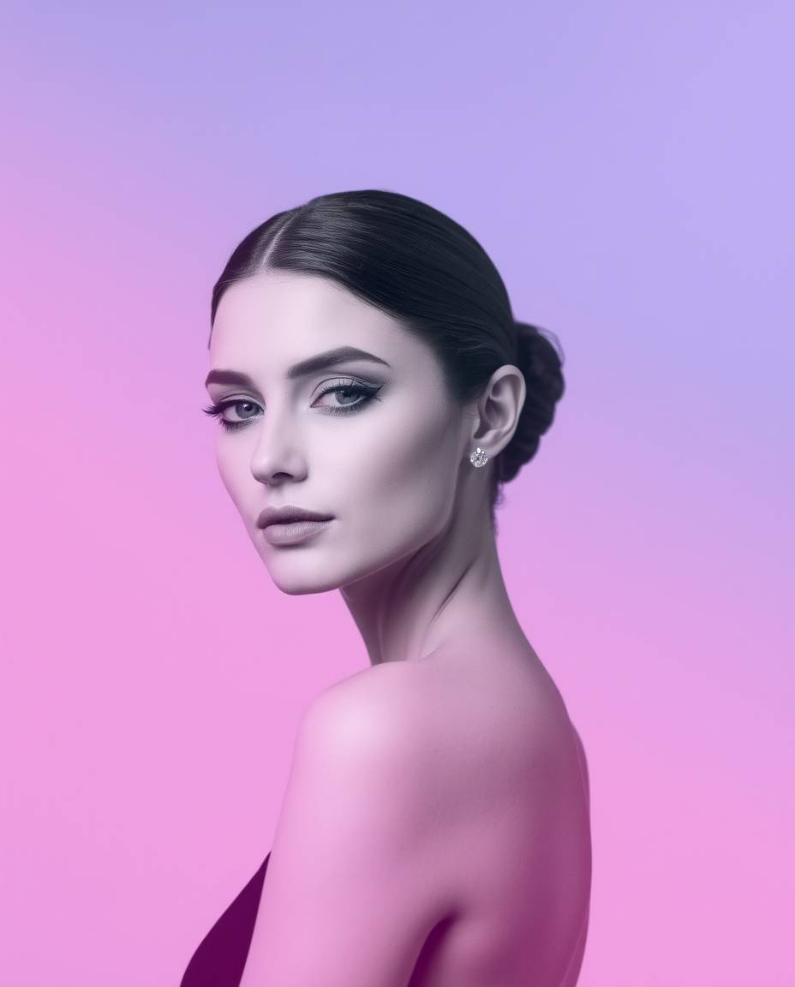 A classic black and white image features a subtle soft gradient texture blending pink, blue, and violet hues against a minima
