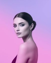 A classic black and white image features a subtle soft gradient texture blending pink, blue, and violet hues against a minima