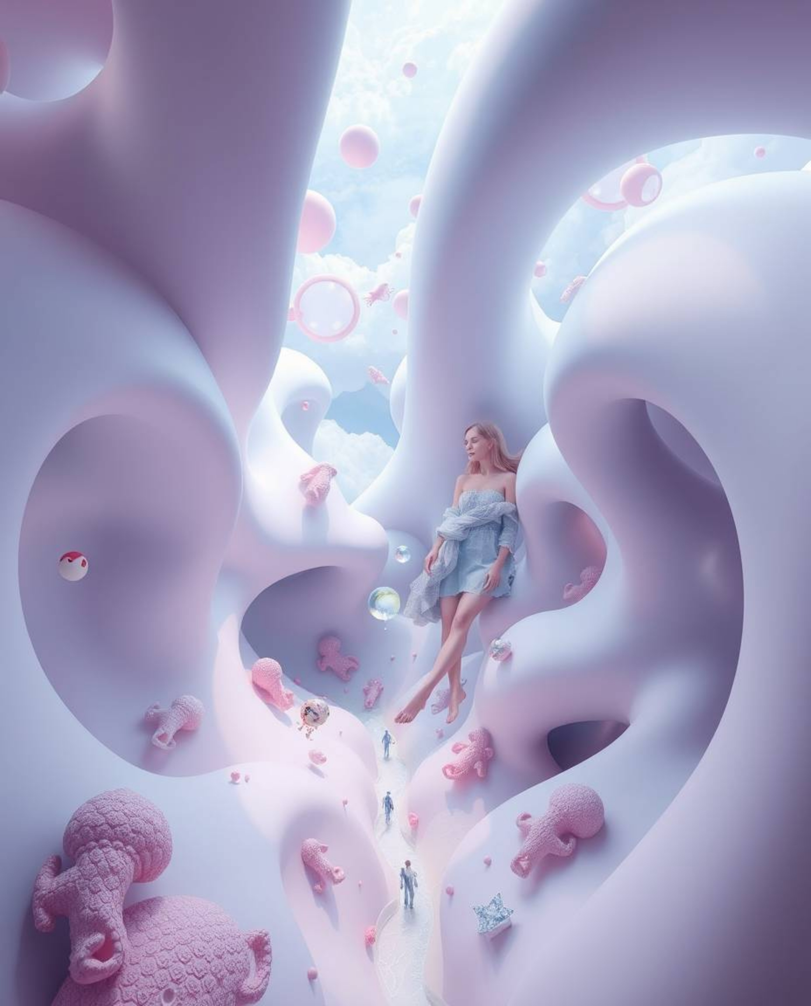 Explore a dreamlike and surreal 3D illustration featuring fluid shapes that seamlessly morph into each other in an endless lo