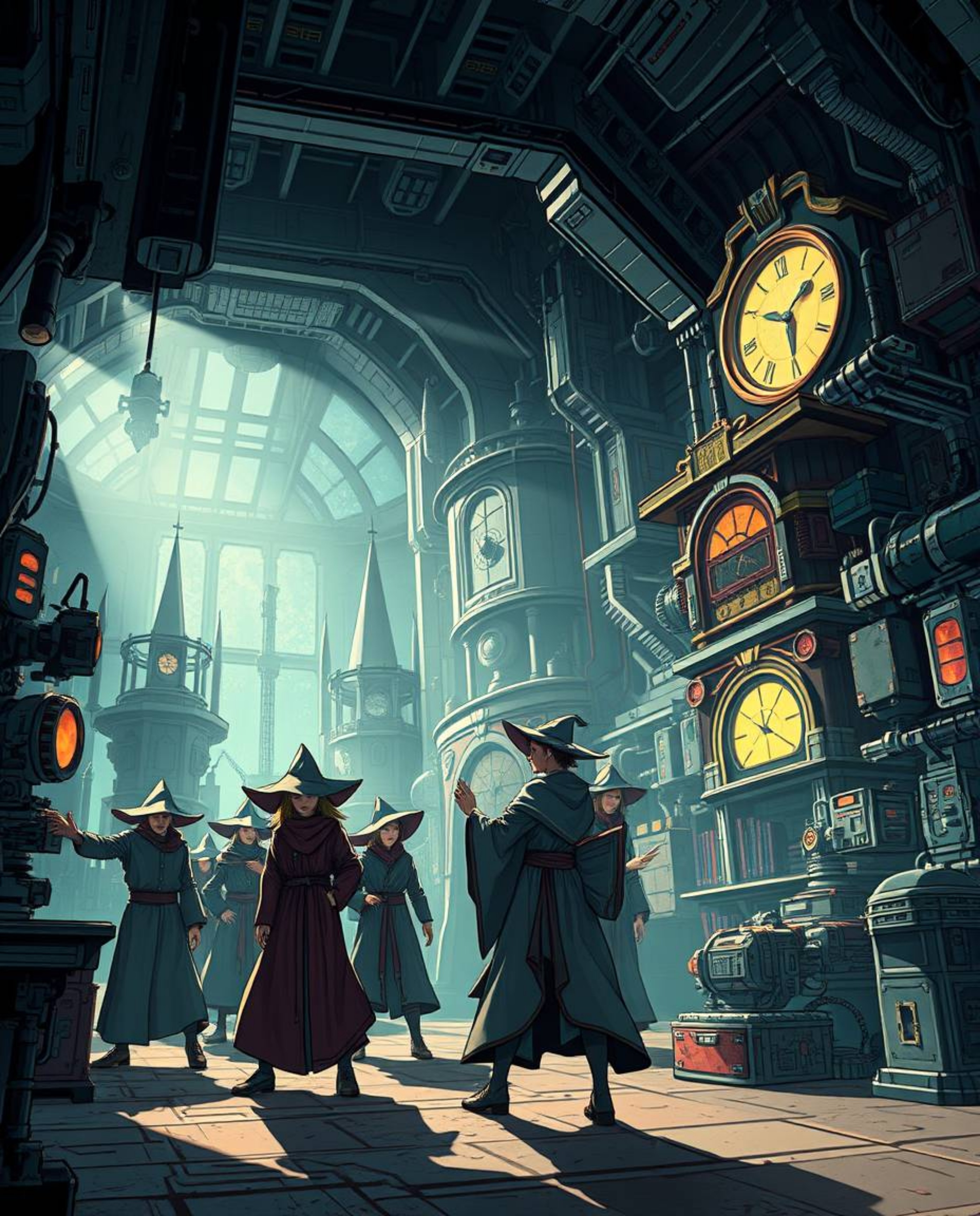 Explore a futuristic sci-fi illustration of a magical school teeming with young wizards. This artwork features strong, hard l