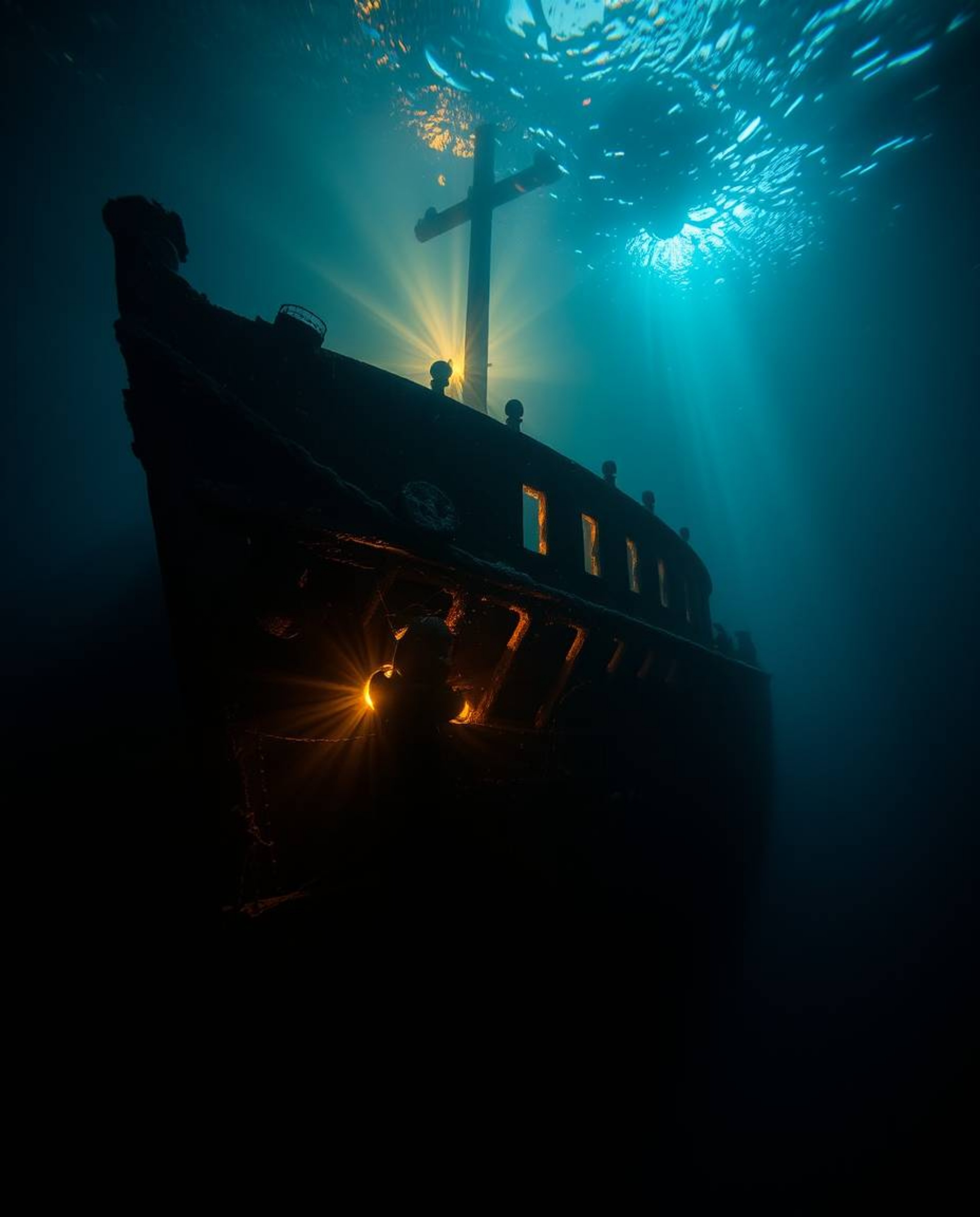 A captivating underwater scene depicts a shipwreck bathed in a warm, golden light, creating a dramatic chiaroscuro effect wit