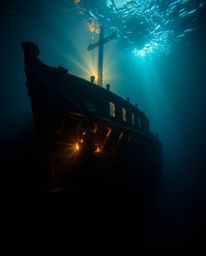 A captivating underwater scene depicts a shipwreck bathed in a warm, golden light, creating a dramatic chiaroscuro effect wit