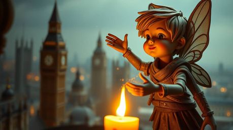 Immerse yourself in a scene bathed in warm candlelight, featuring layered papier-mâché material. A young boy, imbued with pix