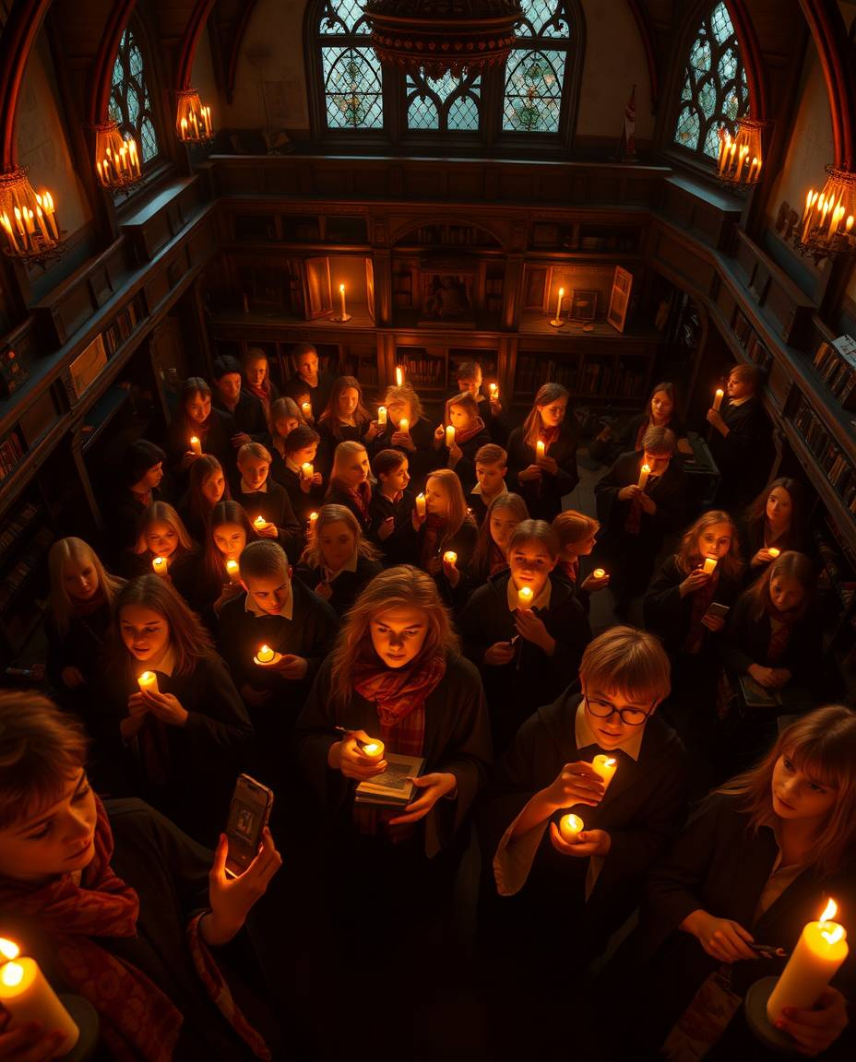 This collection features high-angle, professional photographs of a magical school teeming with young wizards, bathed in the w