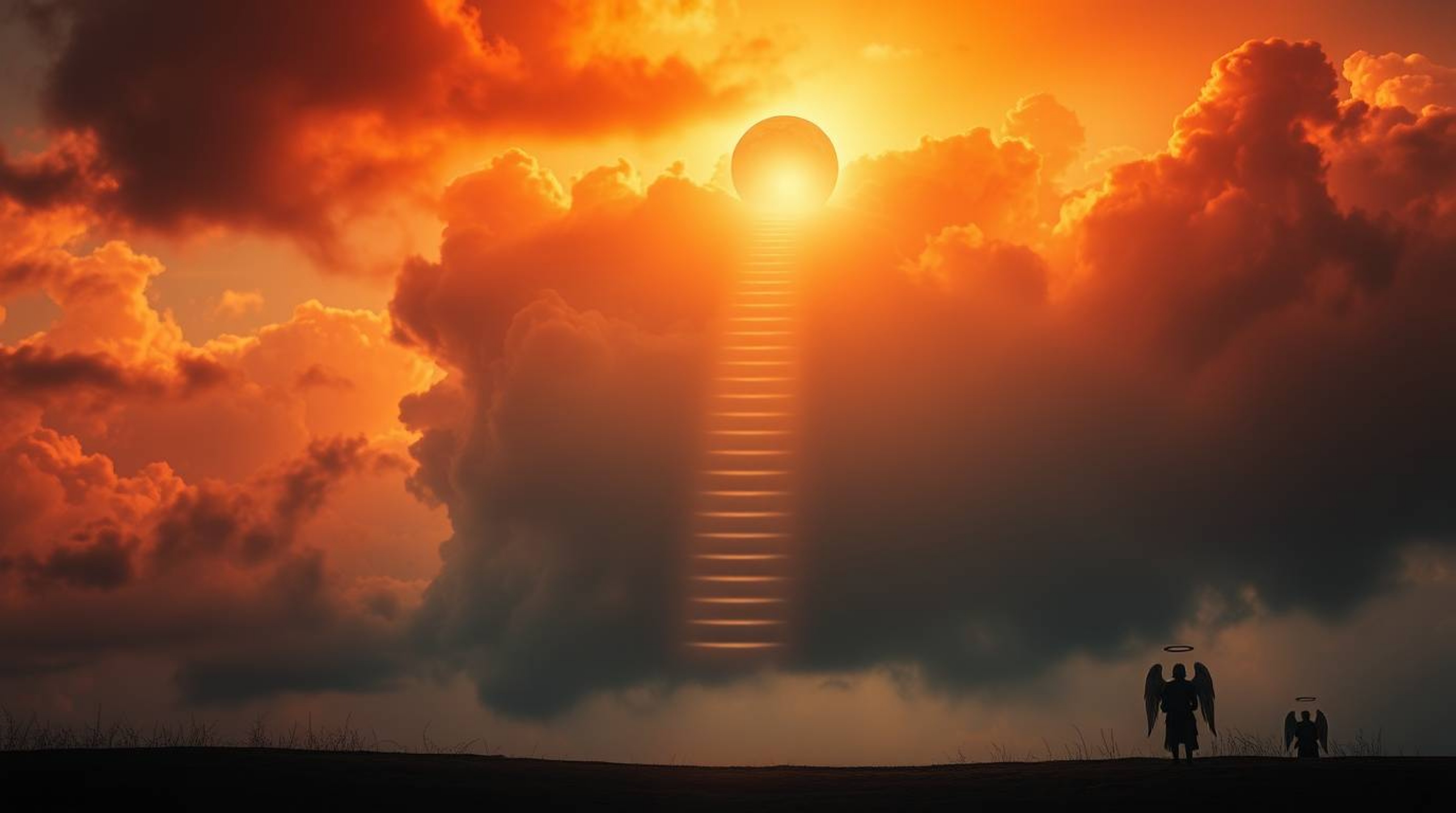 A dreamlike and peaceful scene unfolds with steps of light ascending into a cloudy sky, observed by angelic figures on the ho